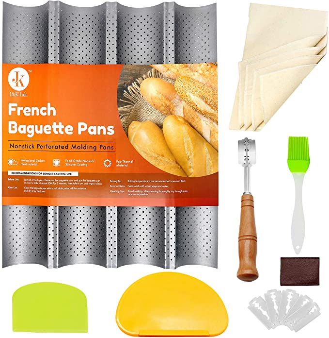 J&K Baguette Pans for Baking French Bread Nonstick Perforated 15" x 13" Italian Loaf Tray, Sourdough Proof Rack 4 Wave Loaves Mold with Dough Proofing Couche, Bread Lame, Oil Brush & 2 Dough Scrapers