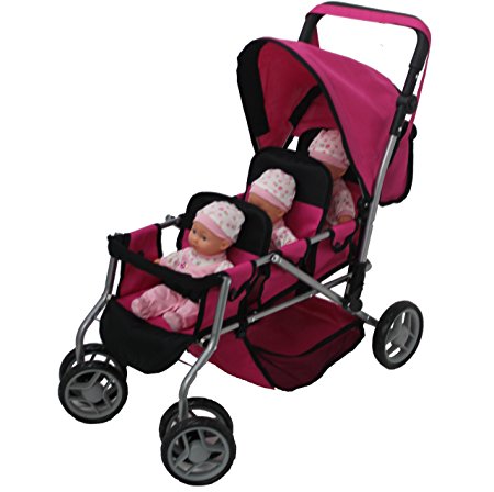 Mommy & Me TRIPLET Doll Pram Back to Back with Swiveling Wheels & Free Carriage Bag - 9668A