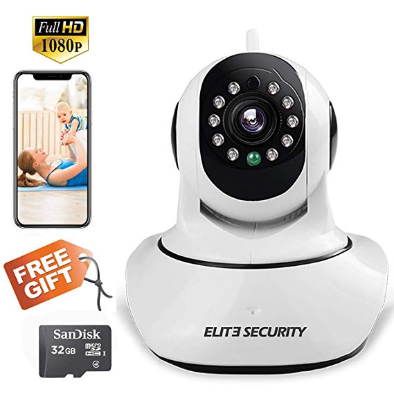 WIFI IP CAMERA ELITE PTZ 1080P FHD WIRELESS HOME SECURITY SURVEILLANCE SYSTEM SMART 2-WAY AUDIO INDOOR WITH NIGHT VISION MOTION DETECTION CCTV MONITOR FOR BABY/ELDER/PET VIDEO REC GIFT 32 GB SD CARD