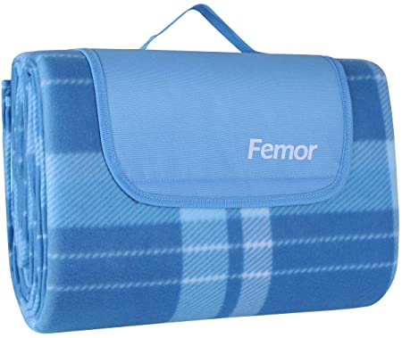 Femor picnic blanket 200 x 200 cm, outdoor beach blanket, waterproof, sandproof, great picnic mat, fleece insulated, waterproof with carrying handle (blue)