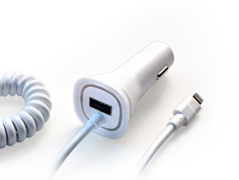 Apple iPhone 7 7 Plus 6 6S 6  6S  SE 5 5S New Lightning Rapid Fast Dual Port Car Charger - 6 Foot Coiled Cord 5v / 2.1 Amp MFI Ceritified - White