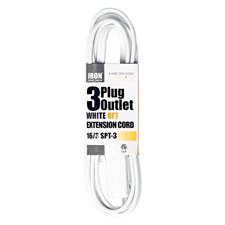 8 Ft Extension Cord with 3 Electrical Power Outlet - 16/3 Heavy Duty White Cable