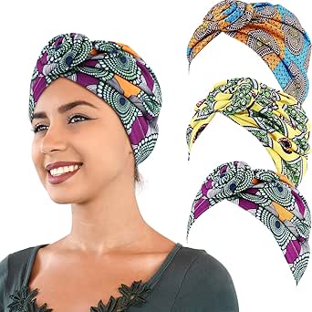 SATINIOR 3 Pieces African Turban Head Wrap Scarf Boho Turban Elastic Knotted Beanie Cap (yellow, orange and green)