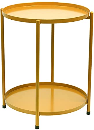 Round Metal Side End Table with Double Tier,Accent Side Table,Coffee End Table Night Stand for Living Room and Bedroom,Anti-Rust and Waterproof (golden)