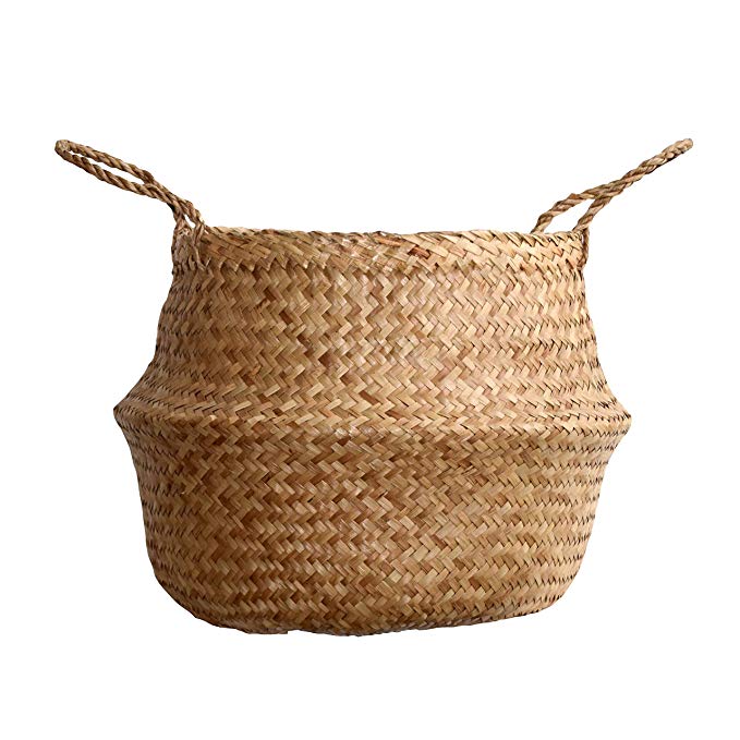 DUFMOD Small Natural Woven Seagrass Tote Belly Basket for Storage, Laundry, Picnic, Plant Pot Cover, and Beach Bag (Zigzag Chevron Natural Seagrass, Small)