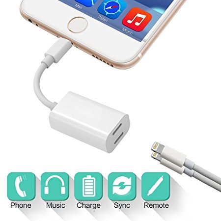 Lightning Adapter for iPhone 7/7 Plus, 2 in 1 iPhone Adapter & Splitter - Support Blind plug, Music Control, Sync Data Transfer, Talking & Charging for iOS11 or Before