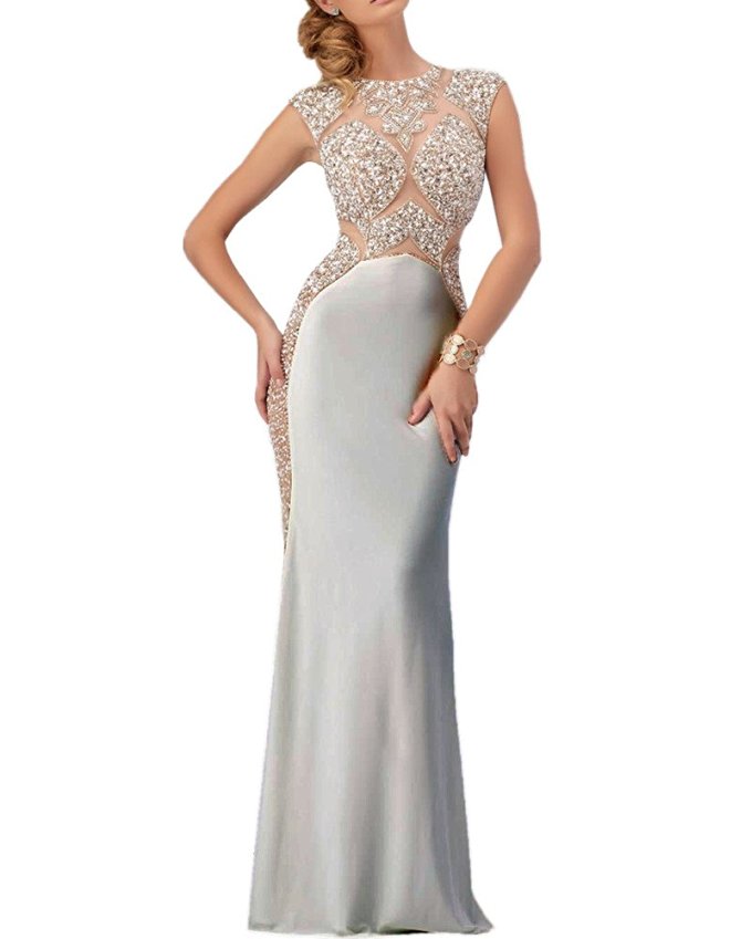 Olivia's Crystal Illusion Top Silver Mermaid Split Evening Dresses 2016 Prom