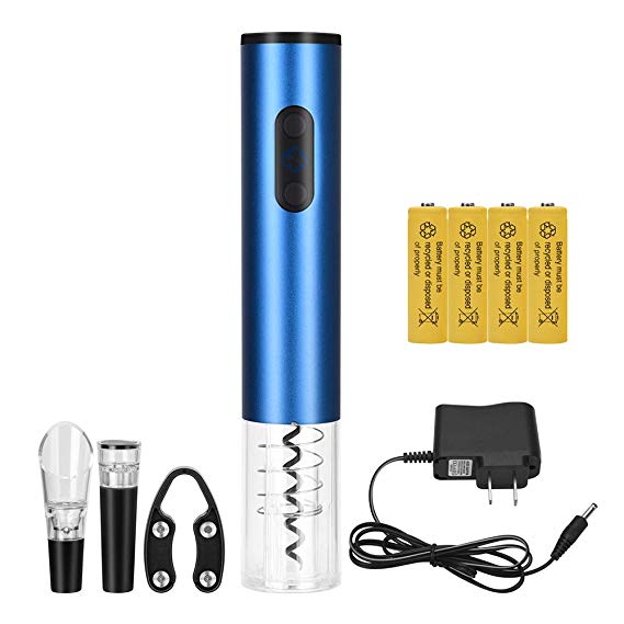 Electric Wine Bottle Opener with Charger, Foil Cutter, Wine Pourer and Vacuum Sealer (Blue)