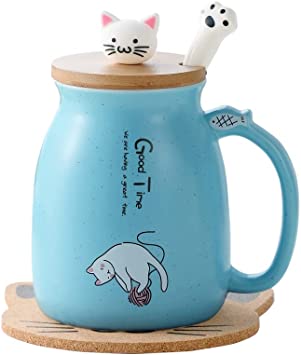 Cat Mug Cute Ceramic Coffee Cup with Lovely Kitty Lid, Cat Paw Spoon,kawaii coaster,Novelty Morning Cup Tea Milk Christmas Mug 380ML (New Blue)