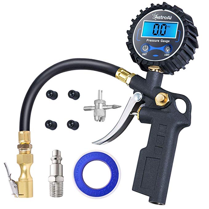 AstroAI Digital Tire Inflator Pressure Gauge, Medium 250 PSI Air Chuck Compressor Accessories Heavy Duty Rubber Hose Quick Connect Coupler 0.1 Display Resolution, Black