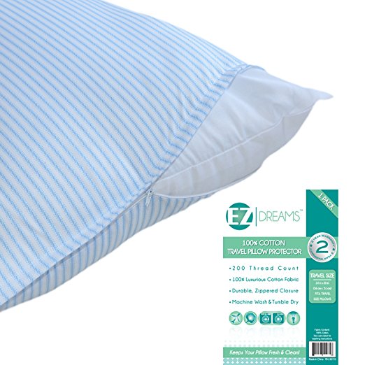 EZ Dreams Travel Size 100% Cotton Pillow Protector: 200 Thread Count, Zippered, 14in x 20in