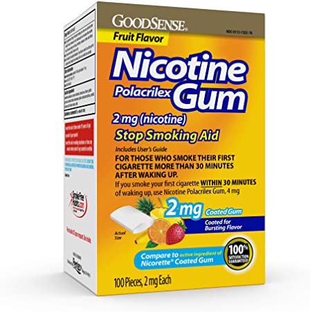 GoodSense Nicotine Polacrilex Coated Gum 2 mg (nicotine), Fruit Flavor, Stop Smoking Aid; quit smoking with nicotine gum, 100 Count