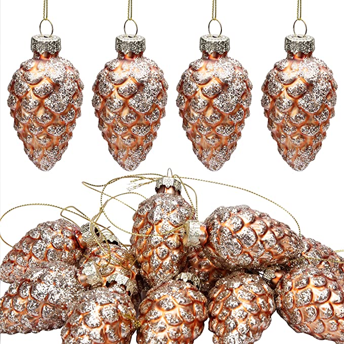 Watayo 12 PCS Christmas Pinecone Glass Ornaments-Hanging Pine Cone Painted Glass Ornaments-Glitter Pinecone Christmas Ornament for Xmas Tree DIY Crafts Fall Party Decorations