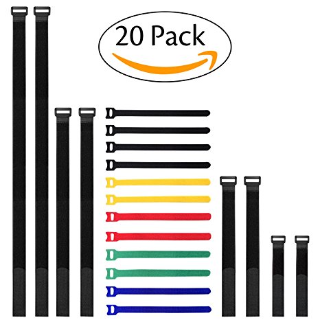 Pack of 20 Reusable Fastening Cable Straps and Cable Ties Set, Adjustable Multipurpose Hook and Loop Securing Straps for Cord Management by CandyHome