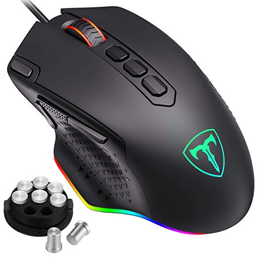 PICTEK Customizable RGB Backlit Gaming Mouse Wired, 10 Programmable Buttons, 12000 DPI, Fire & Sniper Button, Weight and Balance Tuning, Lag-free Ergonomic Game USB PC Computer Mice