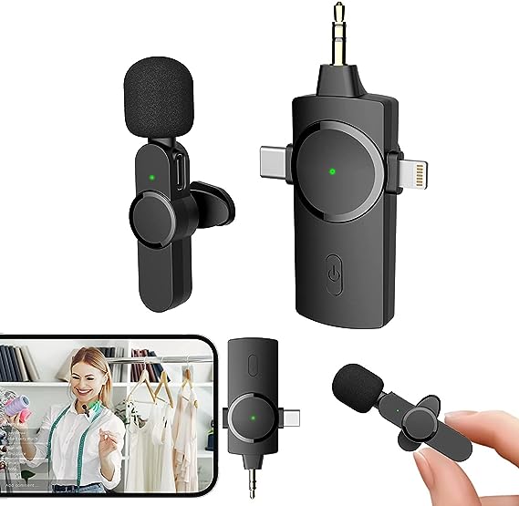 MAYBESTA 3 in 1 Microphone Wireless Clip Mic, Wireless Lavalier Microphones, Clip-on Microphone(Aisizo, for Smartphone, Laptop, Video Recording YouTube Live Stream