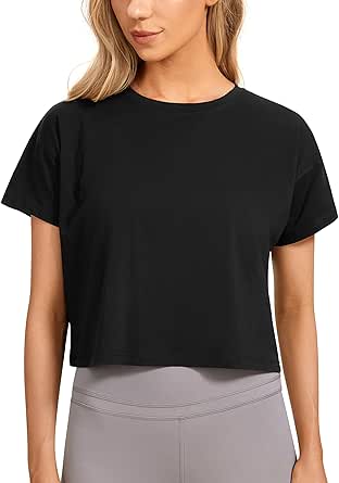 CRZ YOGA Women's Pima Cotton Workout Short Sleeve Shirts Loose Crop Tops Athletic Gym Shirt Casual Cropped T-Shirt