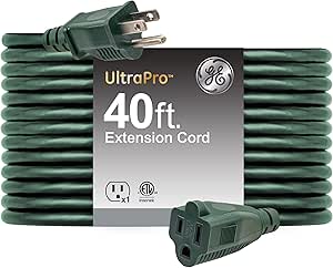 GE Outdoor Extension Cord, 40 Ft, Grounded Heavy Duty Extension Cord, 16AWG 3 Prong Extension Cord Outdoor, Outside Extension Cord, Long Extension Cord ETL Listed, Green Outdoor Extension Cord 81601