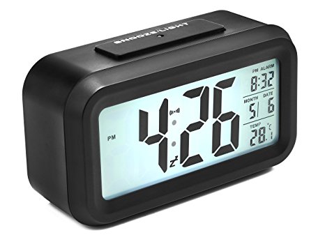 Digital Alarm Clock, Arespark Smart Simple and Silent Bedroom Alarm Clock with Date and Temperature Display- Snooze and Large Display- Smart Night Light(white Backlight)- Battery Operated Home Alarm Clock and Travel Alarm Clock.(black)
