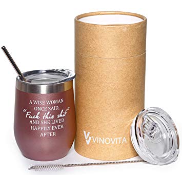 A Wise Woman Once Said - VINOVITA Stainless-Steel Wine Tumbler - Insulated Stemless Wine Glass with 2 Lids, Straw & Brush – Perfect Christmas, Valentine’s, Birthday Gift 12 oz (Rose Gold)