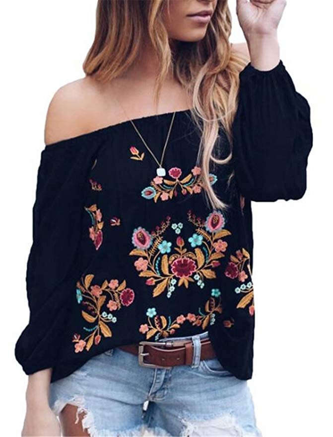 DUTUT Womens Sexy Off The Shoulder Tops Long Sleeve Boho Floral Embroider Casual Blouse Shirt