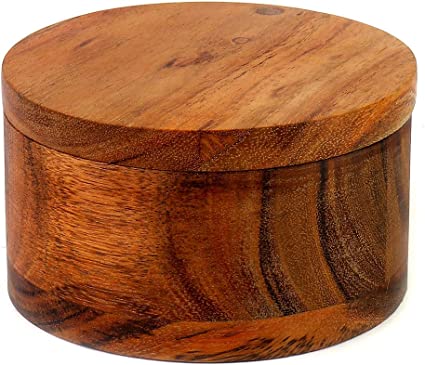 Kaizen Casa Acacia Wood Salt or Spice Box with Swivel Cover perfect for keeping table salt, gourmet salts, herbs or favorite seasonings, close at hand on your countertop.