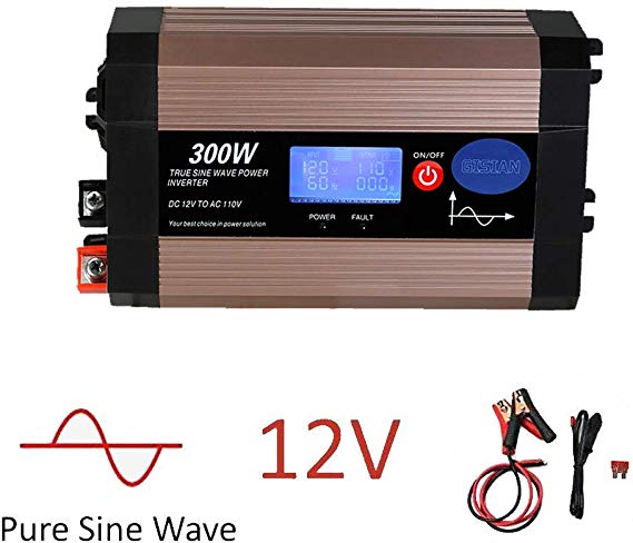 300W Pure Sine Wave Power Inverter with LCD Screen, 12V DC to 110V AC GISIAN Car Inverter with Dual USB Ports Car Charging Adapter