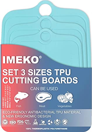 IMEKO TPU Cutting Board,BPA FREE,Knife Friendly,Flexible,Dishwasher Safe, Space Saving,Ergonomic Design, Chopping Mat. (PALE BLUE -3 Sizes Set: Large, Medium, Small.)