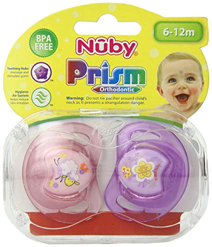 Nuby 2-Pack Prism Orthodontic Pacifiers, Colors May Vary