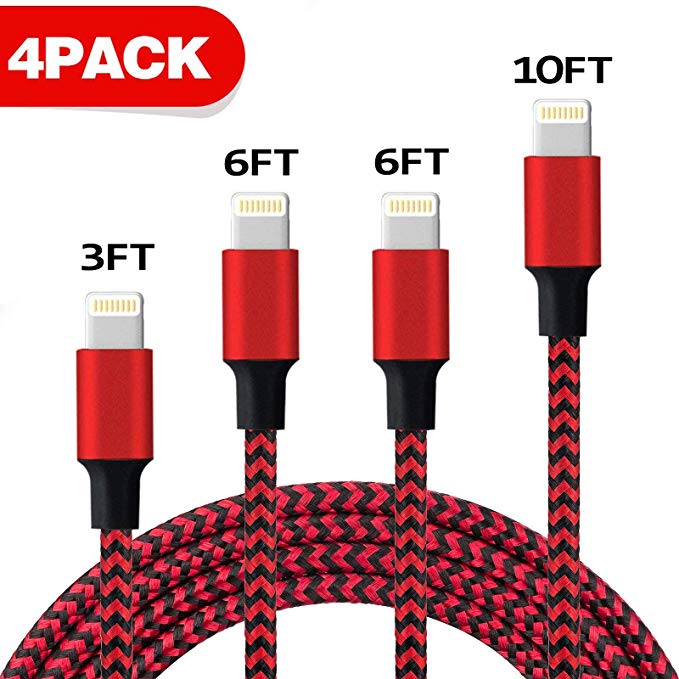 iPhone Charger, MFi Certified iPhone Cable 4 Pack [3/6/6/10FT] Extra Long Nylon Braided USB Charging&Syncing Cord Compatible with iPhone Xs Max/XS/XR/X 10/7/7Plus/8/8Plus/6S/6S Plus/SE [Black&Red]