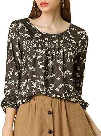 Allegra K Women's Floral Peasant Blouse Long Sleeves Round Neck Loose Fit Top