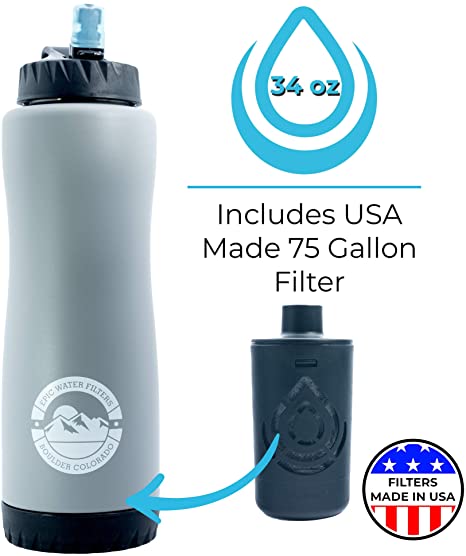 Epic Water Filters | Vostok | Water Filtration Bottle | Double Wall Vacuum Insulated 34 oz | Pro Grade Stainless | USA Made Filter Removes 99.99% of Tap Water Contaminants Lead Chlorine