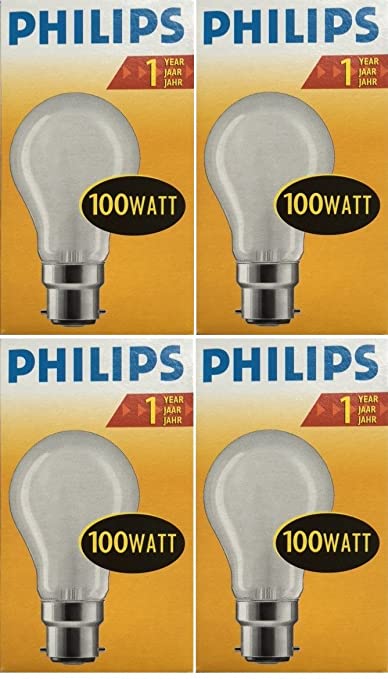 4 x PHILIPS GLS 100W BC B22 Frosted/Matt/Pearl A55 Classic Light Bulbs Bayonet Cap 240V Incandescent Lamps