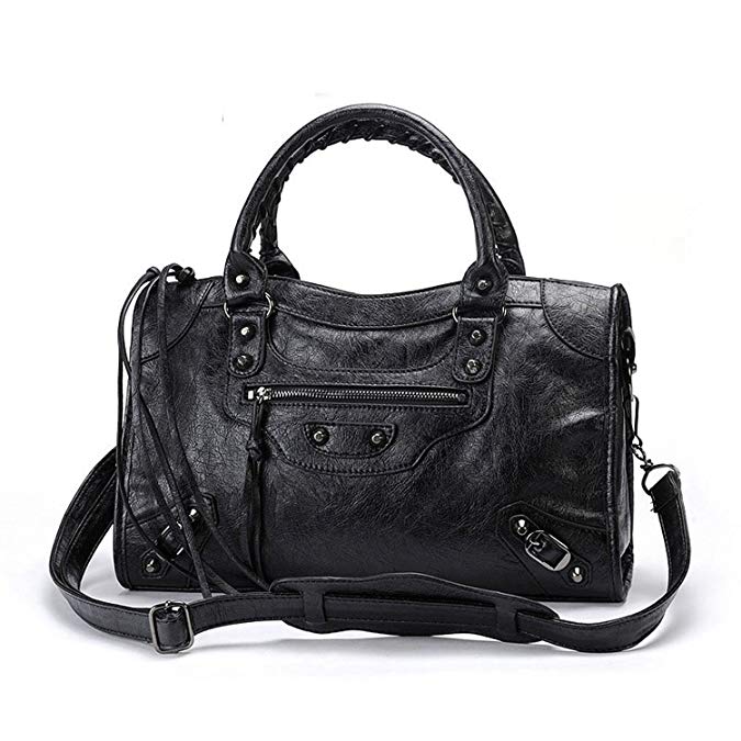 Women Leather Black Studed Motorcycle Bags 38cm Medium Size Shoulder Bag