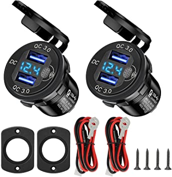 USB Charger Socket, Linkstyle 12v USB Outlet 2PCS Upgraded Quick Charge 3.0 Waterproof Dual USB Socket Outlet Panel with Voltmeter On Off Switch for Car Motorcycle Boat Marine Vehicle Truck Golf RV