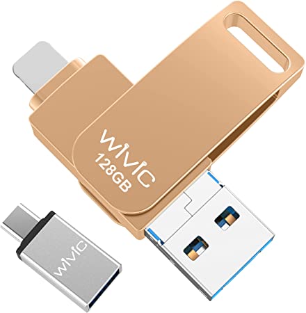 USB Flash Drive Photo Stick, WIVIC USB 3.0 Memory Stick for Photos, 128GB Photostick Thumb Drive Compatible with i Phone/iPad/iOS/Android/Mac/PC (Gold)