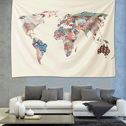 iLeadon Floral World Map Tapestry Wall Hanging – Polyester Fabric Wall Decor for bedroom (51”H x 60”W, Floral World Map)