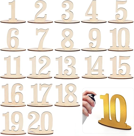 WuGeShop Wood Wedding Table Numbers 1-20 with Holder Base, Rustic Wooden Wedding Reception Table Number for Banquets, Cafés, Restaurants, Parties, Events, Catering Decoration (Wood Color)