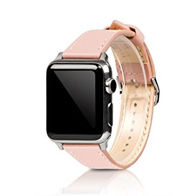 Wearlizer Genuine Leather Watch Band Replacement Strap w/ Metal Clasp for Apple Watch Series 1 2 all Models Single Tour Design - 38mm Pink