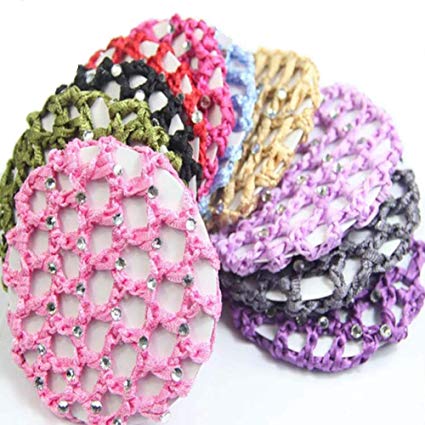 6Pcs Rhinestone Bun Cover Crochet Snood Hair Net Hair Accessories for Women Girls Ballet Dance Skating Random Color