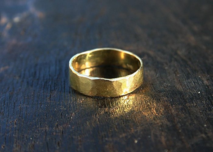 18k gold band ring. Hammered yellow gold wedding band. 5mm 18k genuine solid gold. Handmade organic rustic artisan men's women's unisex gold. Handcrafted in Colorado, US.