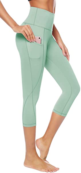 AUU High Waist Yoga Capris Workout Running Cropped Leggings Out Pocket 4 Way Stretch Yoga Pants