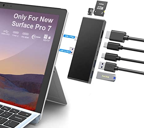 Surface Pro 7 USB C Docking Station, 7-in-2 Surface Pro Hub Adapter with 4K HDMI, 2 USB C PD Charging, 2 USB 3.0 (5Gbps), SD/Micro SD Card Reader, for Microsoft Surface Pro 7 Accessories, MS Surface
