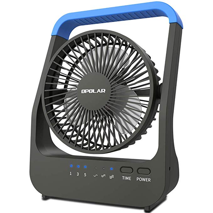 OPOLAR D-Cell Battery Operated Desk Fan with Timer, Portable Camping Cooling Fan with Strong Airflow, 4 D Batteries (Not Included) or USB Powered, 180° Rotation & 3 Speeds-Blue