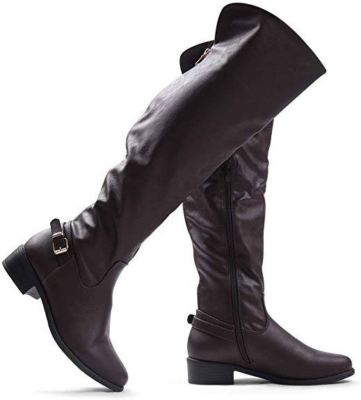 LUSTHAVE Women's Over The Knee High Flat Riding Boots - Low Stacked Heel - Buckle Decor Side Zipper