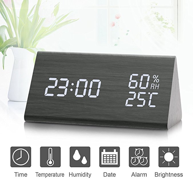 Wooden Alarm Clock,Digital Clock With 3 Levels Adjustable Brightness 3 Groups of Alarm Time,Triangle USB/4AAA Battery Powered Sound-Controlled, Displays Time Date Temperature and Humidity(Black)