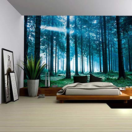 Mystic Forest Farm House Decor Tapestry Dark Forest Scenery with Sunbeams Woodland Landscape Wall Hanging for Bedroom Living Room Dorm Home Art (Blue, 78Wx59L)