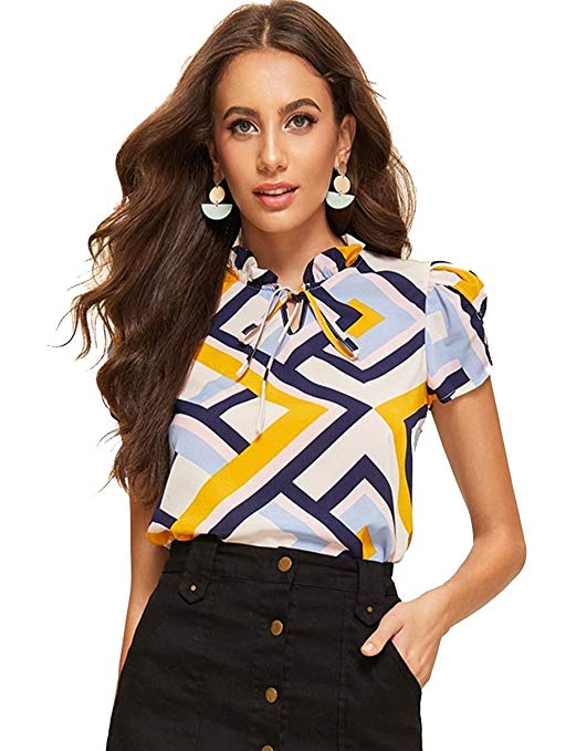 Romwe Women's Casual Short Sleeve Bow Tie Blouse Top Shirts