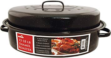 Euro-Ware 1512 Oval Carbon Steel Non-Stick Enamel Roaster with Cover, Large/15-18 lb, Black