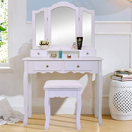 JAXPETY Vanity Table Set with Mirrors and Cushioned Stool Makeup Dressing Table (3 Tri Mirror 4 Drawer)